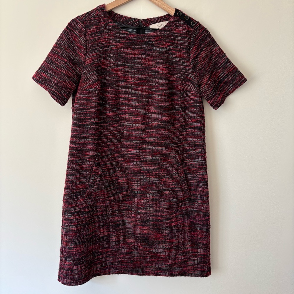 LOFT Medium Petite Red & Black Textured Mini Dress